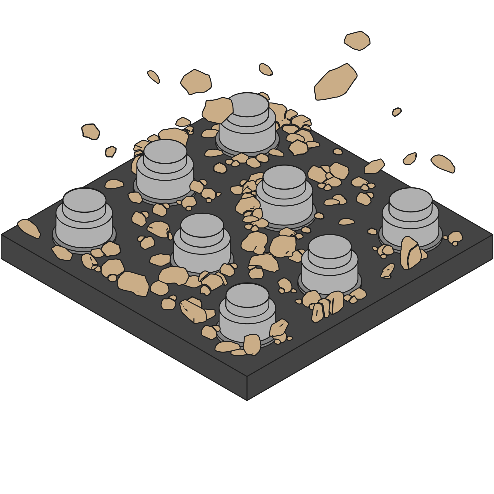 Material debris settling into the gaps between TuffStudds during operation