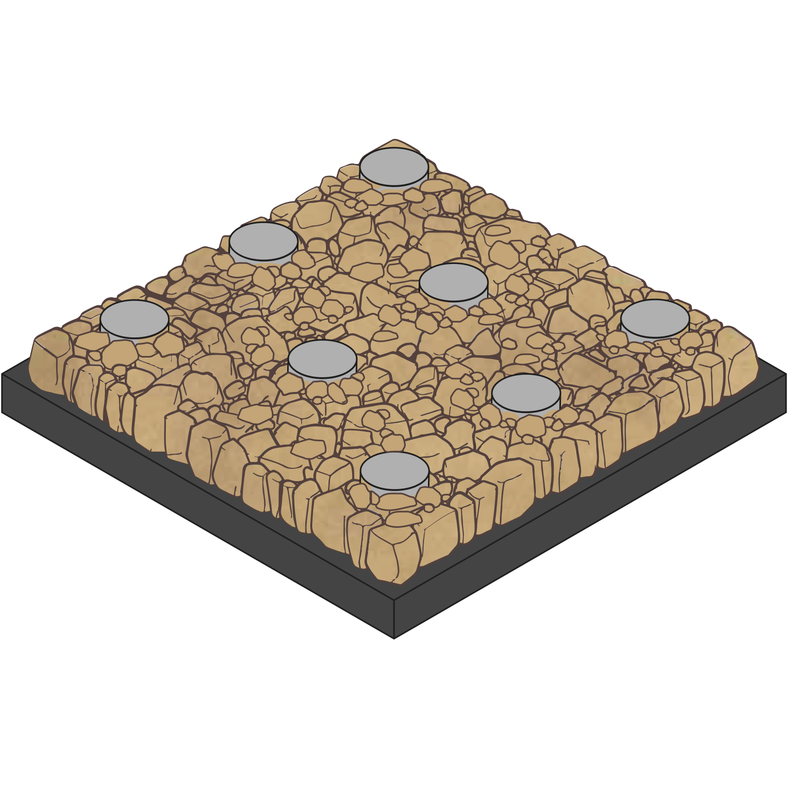 A protective dead bed of trapped material formed over the base metal